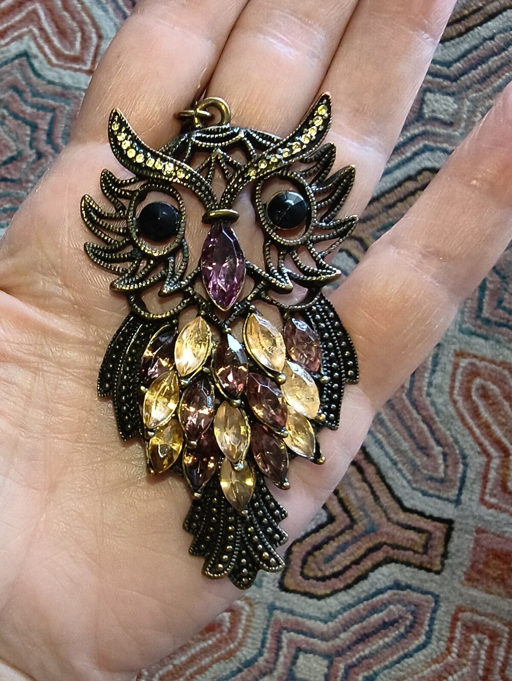 Vintage Y2K Antique Bronze Crystal Owl Pendant Long Chain Necklace